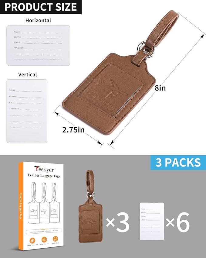 3 Pack Luggage Tags - Quick Install, Privacy Protection, Airplane Travel Essentials for Suitcases, Durable Leather - Lichee Coffee