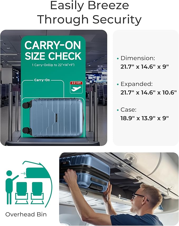 BAGSMART Carry On Luggage 19 L x14 W x9 H Airline Approved with Spinner Wheels, Lightweight 20 Inch Luggage with TSA Lock, Expandable Hard Shell Carry On Suitcases for Men Women, Royal Blue
