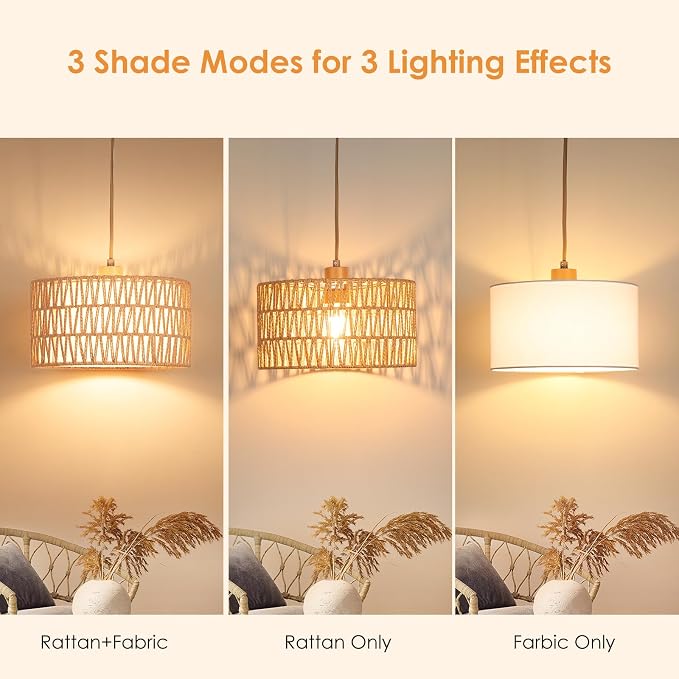 Qingmiao Boho Plug in Pendant Light, Handwoven Shade, 3 Way Bulb, 14ft Cord | Rattan Hanging Lamp Plug in, Dimmable Hanging Light Fixture for Living Room Bedroom Kitchen Ceiling Farmhouse Home Decor