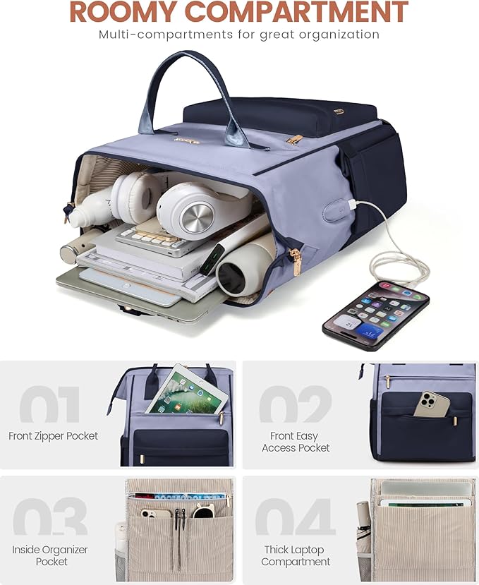 LOVEVOOK Laptop Backpack for Women 15.6 Inch, Travel Backpack with USB Charging Port Large Capacity Laptop Bag, Waterproof Bag for Business College Airline Approved Work Backpack(Grey Navy)