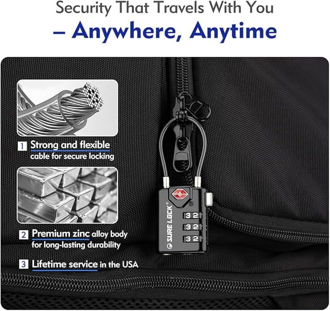 SURE LOCK TSA Approved Combination Luggage Locks with Open Alert Indicator – Durable Zinc Alloy Cable Travel Locks with Large Easy-Read Dials for Suitcases, Backpacks & Gym Bags（ Four Colour）