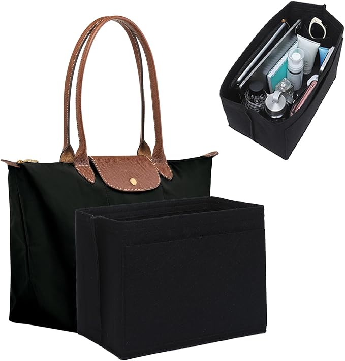 Premium Felt Purse Organizer Insert for Longchamp Le Pliage, Zipper Long Champ Bag Organizer Insert with Cup Holder, 9 Compartments,S/Black