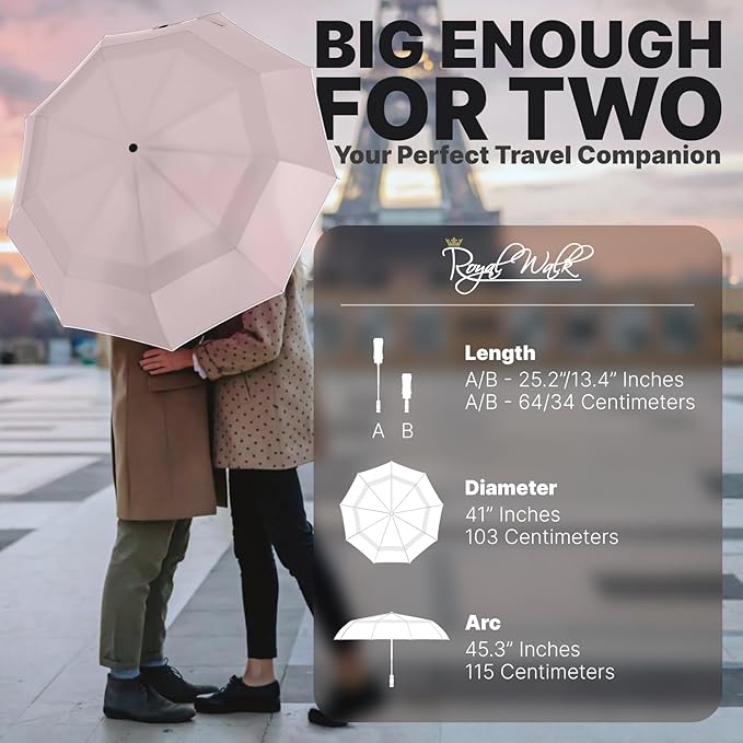 Royal Walk Windproof Folding Travel Umbrella Compact and Strong Luxurious Real Wood Handle Automatic Open Close Vented Double Canopy for Men and Women (Beige)