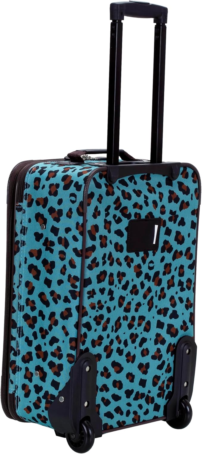 Rockland Fashion Softside Upright Luggage Set,Expandable,Telescopic Handle,Wheel, Blue Leopard, 2-Piece (14/19)