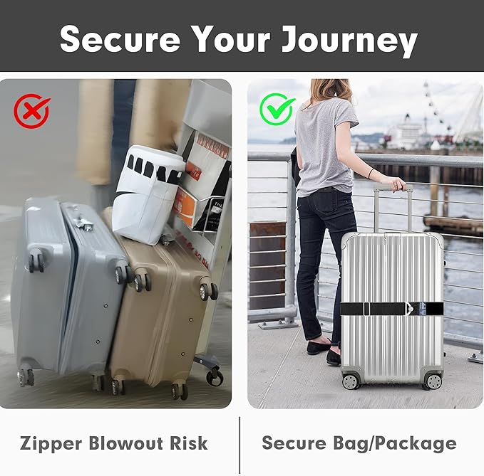 2-in-1 Travel Belt for Luggage Over Handle, Luggage Belt for Carry on Bag, Suitcase Straps, Add a Bag Bungees Luggage Straps Adjustable with Alloy Buckle,Hands-Free for Airport (Black, 1 Pack)