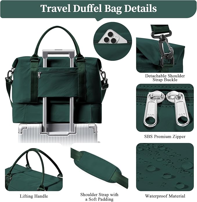 Weekender Bags for Women,Personal Item Travel Bag with Shoes Compartment,Overnight Travel Duffel Bag with Quilted Toiletry Bag,DarkGreen