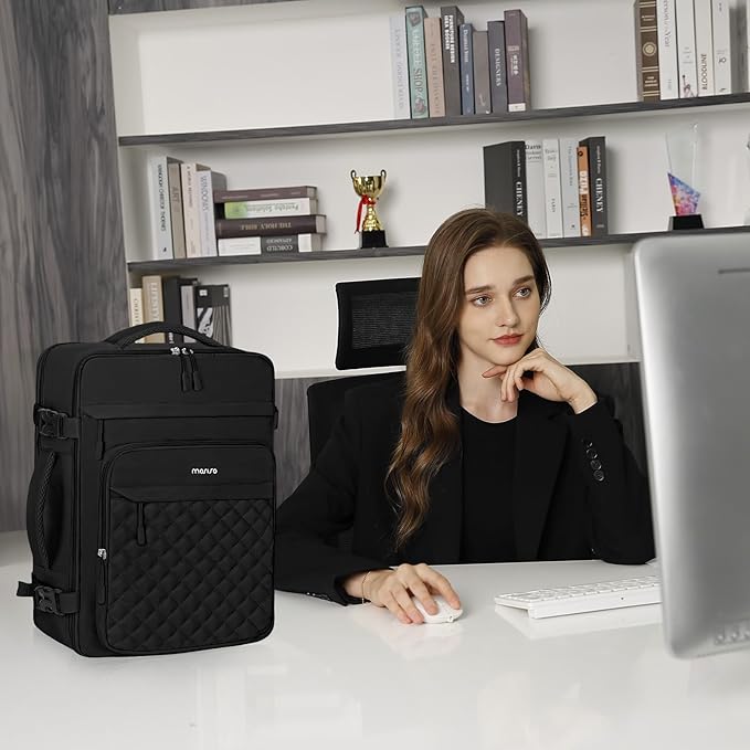 MOSISO Travel Backpack for Women Men, 17-17.3 inch Rhombus Quilted Laptop Backpack Flight Approved with Packing Cubes, Carry on Daypack with USB Port for College Work Business, Black