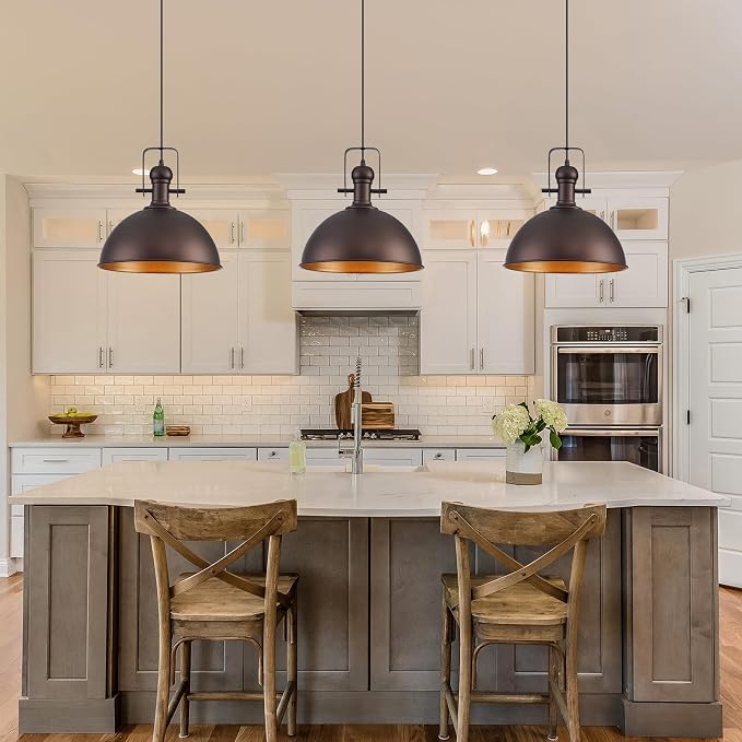 12 Inch ORB Farmhouse Pendant Lights for Kitchen Island 3 Pack | ETL Certificate, Easy to Install,Adjustable Height Cord,Vintage Industrial Dome Hanging Light Fixtures