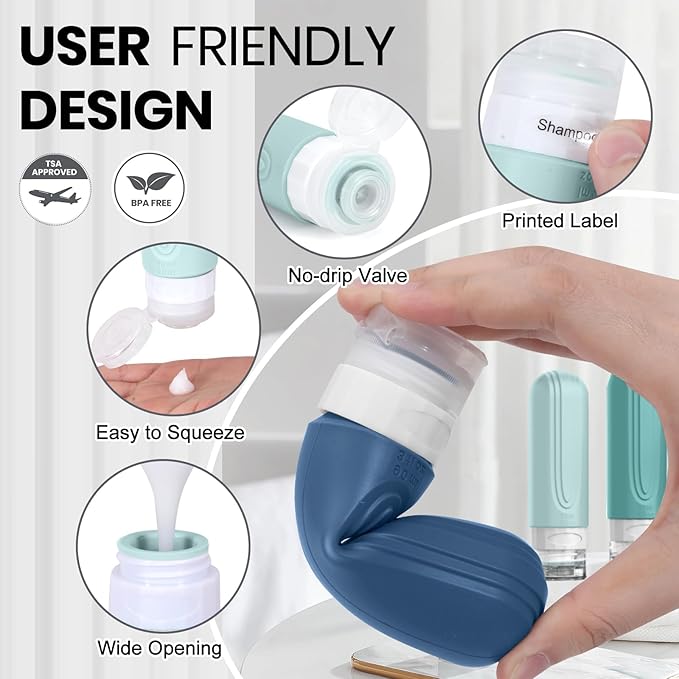 Travel Bottles for Toiletries 8 Pack, TSA Approved Travel Size Toiletries Containers Set, 4 Silicone Leak Proof Refillable Bottles and 4 Creams Jars Accessories Kit W/Clear Bag (GREEN)