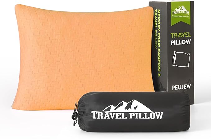 Small Shredded Memory Foam Pillow, Camping Pillow Travel Pillow - Compressible Medium Firm, Breathable Cover, Ideal Backpacking Hiking, Airplane and Car (Apricot Yellow, S)