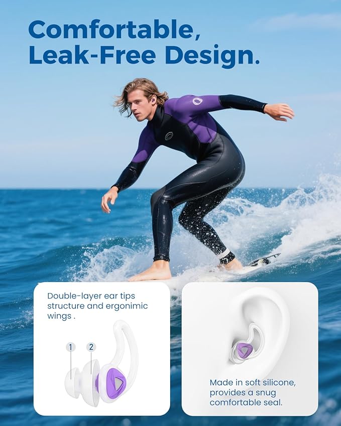 Ear Plugs for Swimming–2 Pairs Soft Silicone Reusable Waterproof Earplugs for Adults & Men Women, Custom Fit for Swimmers Ear, Pool, Beach, Snorkeling, Surfing, Kickboard Training(Purple)