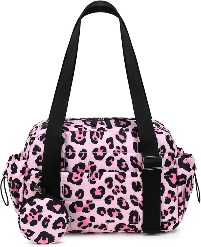 CAMTOP Mini Gym Bag for Women, Small Gym Tote Bag Puffy Quilted Sports Duffel Bag with Wet Compartment and Coin Purse Duffel Bags Dance Yoga Workout Bag for Gifts (Leopard, Mini-12.6")