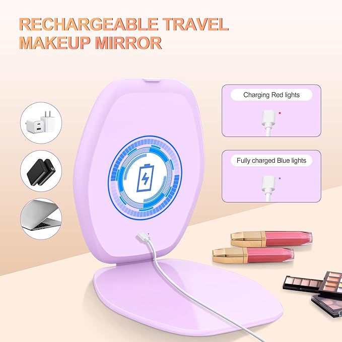 COSYGLOW Travel Makeup Mirror with Light: 3 Color Lighting Portable Mirror with Touch Screen Rechargeable Adjustable LED Lights Hexagon Vanity Mirror for Travel, Desk, Home (Purple)