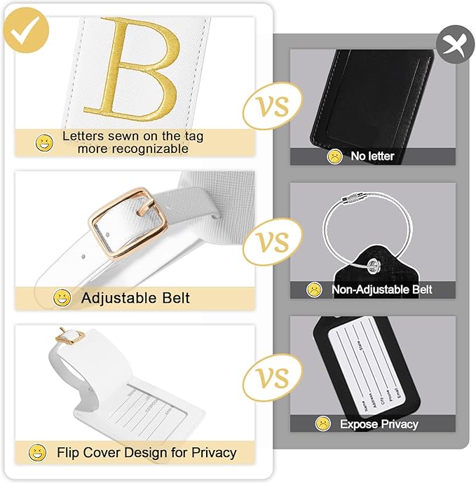 Initial Luggage Tags for Suitcases, Cute Embroidered Letter Luggage Bag Suitcase Identifier Name Baggage Tag, PU Leather Travel Luggage Tags, Bag Tags for Men Women Kids Luggage Handbags(White B)