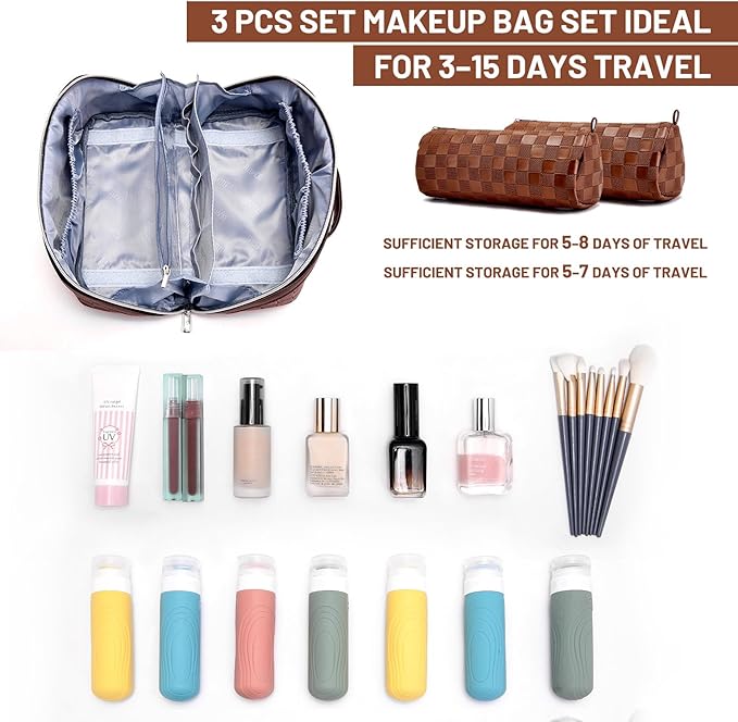 BOYATU Travel Makeup Bag Organizer: 3 Pcs Set Large Capacity Cosmetic Bags Holds 10–20 100ml Full-Size Bottles - 180°Open-Flat Make up Case 3-sec touch-up - Toiletry Bag Gift women (03-A-Coffee)