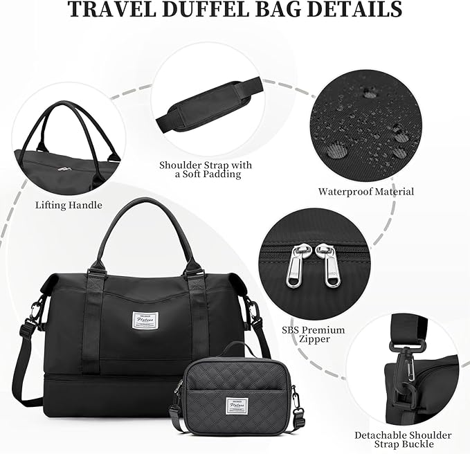 Weekender Bags for Women,Personal Item Travel Bag with Shoes Compartment,Overnight Travel Duffel Bag with Grid Toiletry Bag,Extra Large,Black