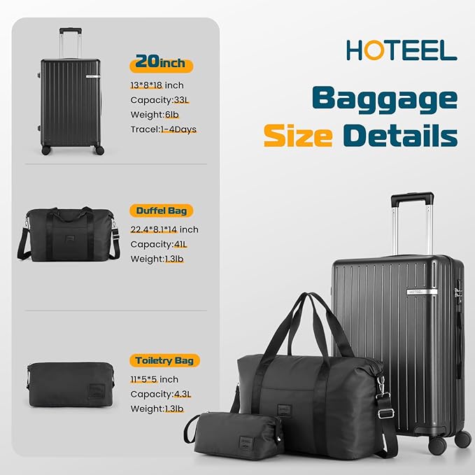Hoteel Luggage Sets 3 Piece, 4-Yr Warranty, PC+ABS Suitcases with Wheels and Side Hook, Hardshell 20 inch Luggage with Duffel Bag Travel Bag, Black(20/DB/TB)
