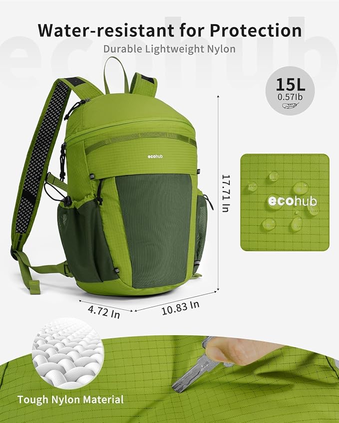 ECOHUB 15L Lightweight Casual Daypack, Packable Backpack for Daily Use, Hiking & Travel, Foldable Small Backpack with Stretch Mesh Pockets, Water-Resistant Nylon, Reflective Design