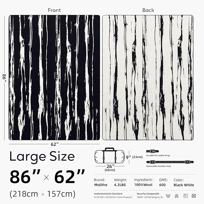 100% Wool Blanket, 62" x 86", Warm, Thick, Washable, Military Wool Blanket, Great for Camping, Outdoors, Sporting Events, Survival Kits,Black White Striped