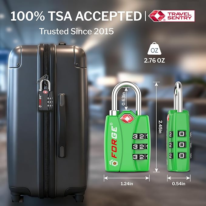 Forge Open Alert TSA Approved Luggage Locks - 3 Digit Combination, Easy Read Dials, Zinc Alloy Body - Ideal Travel Lock for Luggage, Suitcases, Bags & Toolboxes (Green 2 Locks)