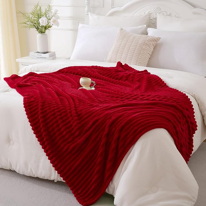 Red Fleece Throw Blanket 50”×70” for Couch Sofa Bed,Super Soft Cozy Plush Microfiber Flannel Blanket with Stripes Design Lightweight for Adults,Woman,Girls