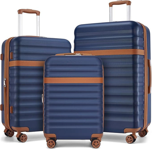 Kono Luggage Set 3 Pieces Expandable PC ABS Durable Suitcase Hardside with Double Spinner Wheels Tsa Lock Navy(20in/24in/28in)