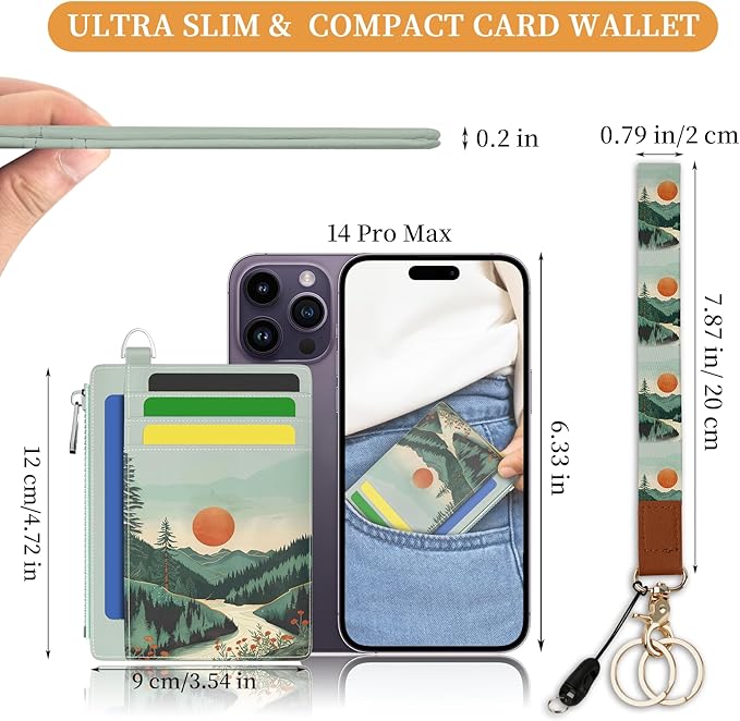 Hancynir Slim Wallet Women Credit Card Holder, Mountain Tree Sunset RFID Blocking Front Pocket Wallet Wristlet Keychain Lanyard Small Cute Thin Travel Zipper Coin PU Leather Card Case Organizer Gifts