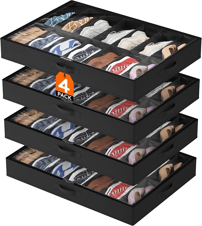 Lifewit Under Bed Shoe Storage Organizer 4 Pack(14 Pairs), 4.3" Tall Fabric Shoes Container Box, Foldable Closet Shoe Bag with 2 Reinforced Handles and Clear Cover, Black