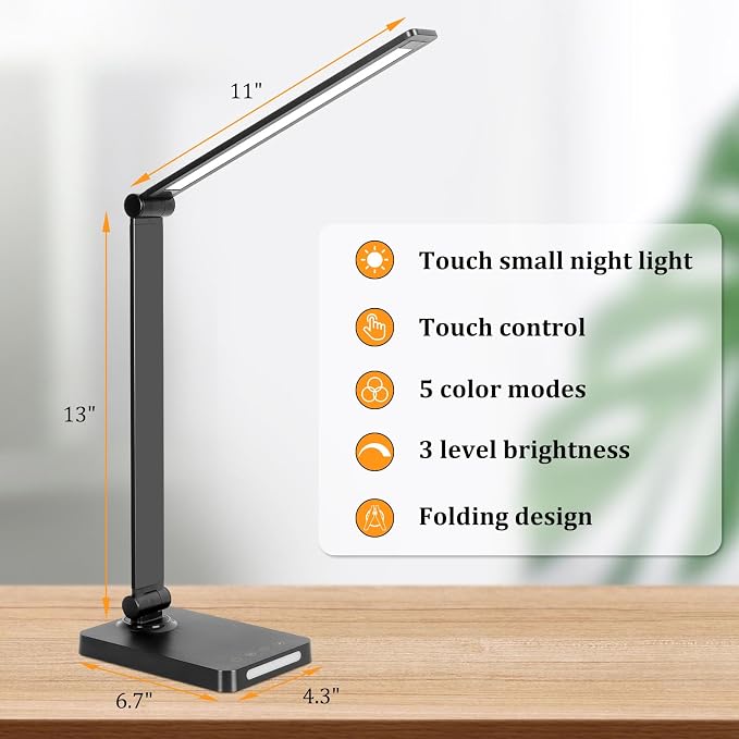 LED Desk Lamp with USB Ports,Touch Desk Lamps for Home Office with 5 Modes | 3 Brightness Desk Light with Small Night Light,Reading Lamp Table Lamp for Bedroom Bedside Study Black （with adapter）