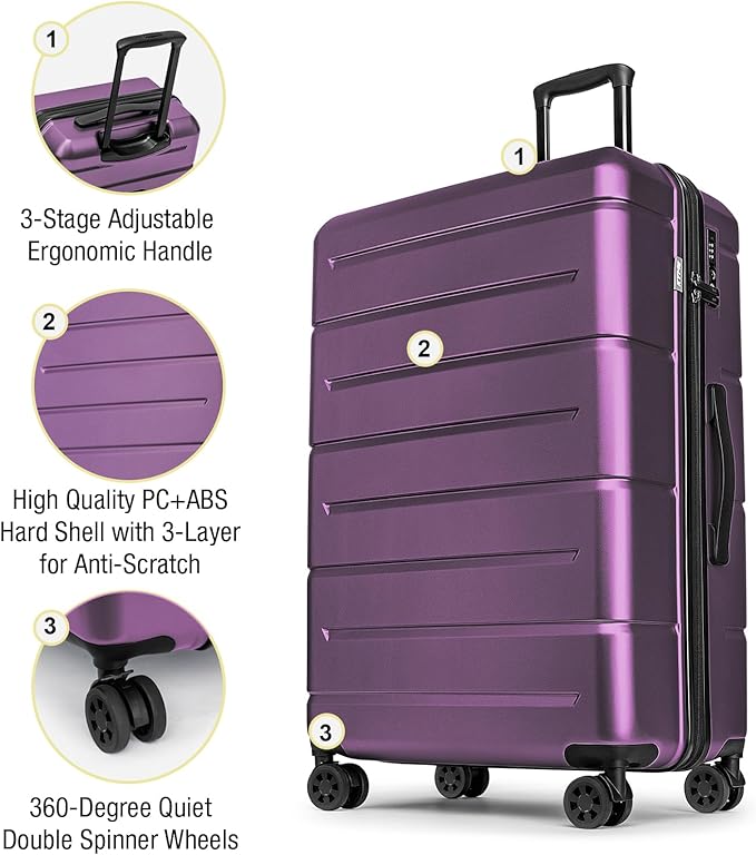 KYME Large Suitcases with Wheels Hardshell 28 Inch Luggage TSA Approved Big Checked Luggage Durable Travel Rolling Suitcase for Women Dark Purple