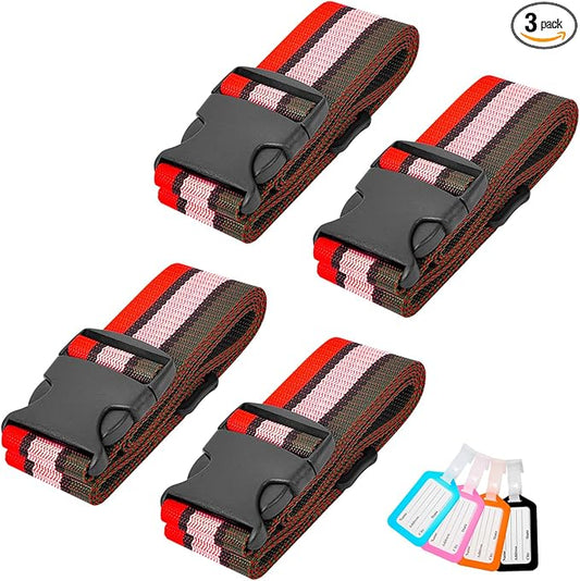 BILIONE 8 Pack Luggage Straps and Tags Set for Suitcase, 4 Vibrant Color Straps and 4 Tags, Premium Suitcase Belts Accessory for Travel (Red-Pink-Green)