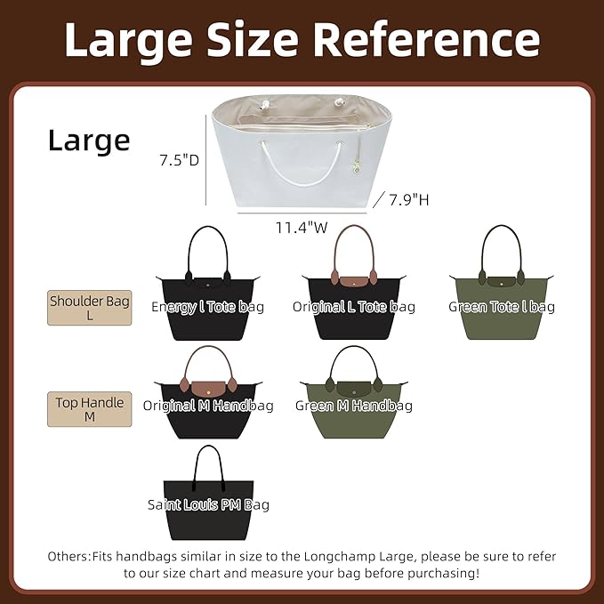 Doxo Purse Organizer Insert for Longchamp LePliage Tote Large, White, Lightweight Handled Bag Shaper with Key Leash& 16Compartments, Upgraded Elastic Cup Holder(White，L)