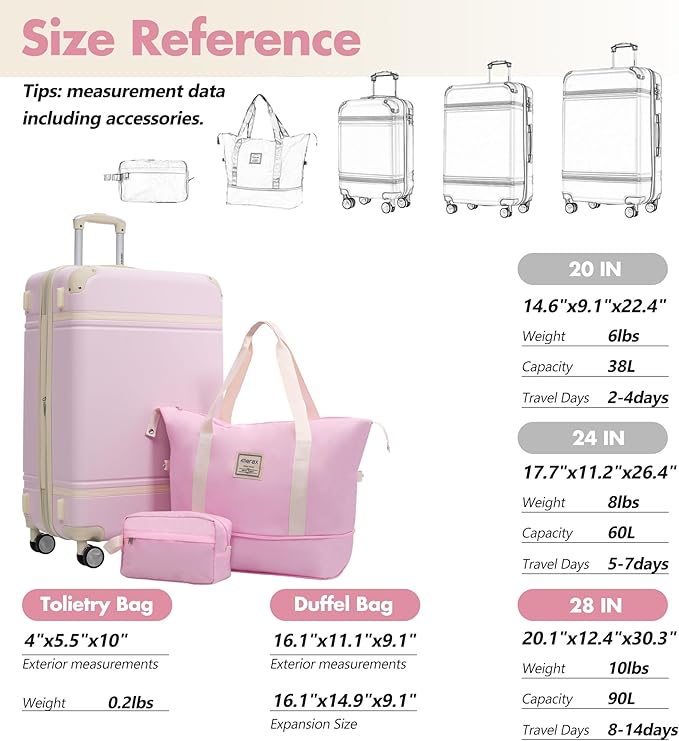 Merax Suitcase Set 28 inches Expandable Luggage with TSA Lock Spinner Wheels Hardshell Lightweight Vintage Luggage with Travel Bag,Light Pink