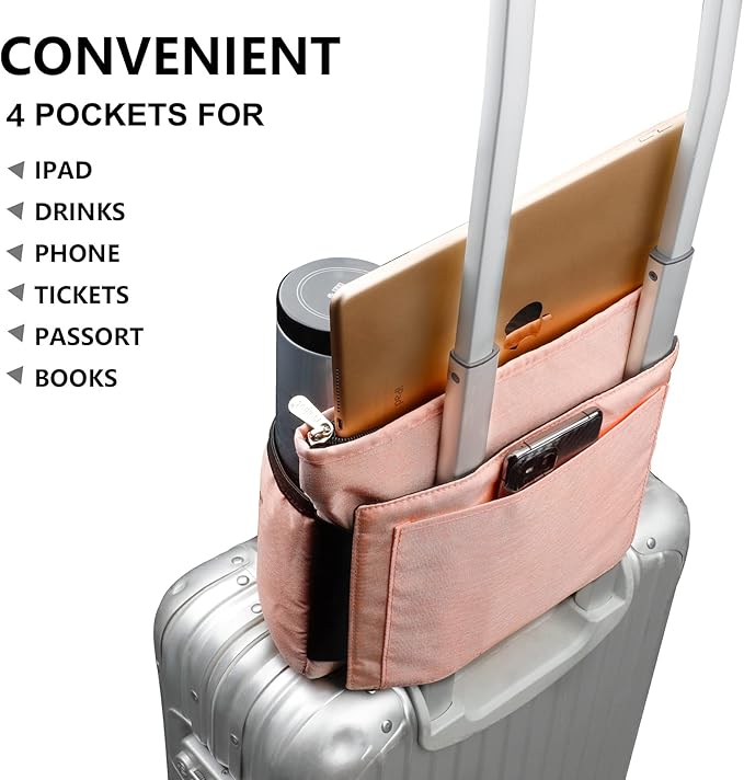 riemot Luggage Travel Cup Tablet Holder - Hold Ipad Books Passports Tickets Water Bottles - Fits Roll on Suitcase Handles - Gifts for Flight Attendants Travelers Accessories Pink