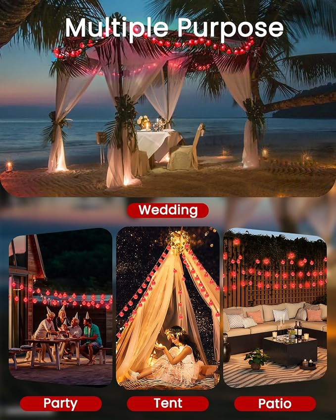 LORRYTE Solar String Lights Outdoor 2 Pack 64FT 100 LED Red Patio Lights | Crystal Globe, IP65 Waterproof, Auto On/Off, 8 Modes Solar Powered Light for Outside Halloween Party Garden Yard Decorations