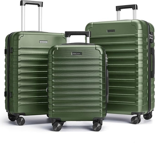 LIGHT FLIGHT Luggage Sets, 3 Piece Durable Suitcase Set with Spinner Wheels, 3 Pcs Hardside Lightweight luggage with TSA Lock, Large Checked Travel Suitcases, 20/24/28 Inch, Pine Green