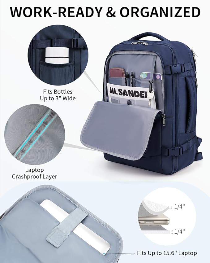 ECOHUB 17" Small Unisex Travel Backpack United Airlines Approved 17x10x9 Friendly Suitcase Anti-Theft Lockable Zippers Style Personal Item Bag Travel Essentials with 12 Pockets Water Resistant, Blue
