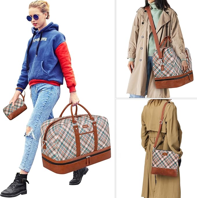 Weekender Bag for Women, Large Overnight Bag Canvas Travel Duffel Bag Carry On Tote with Shoe Compartment 21" 3Pcs Set