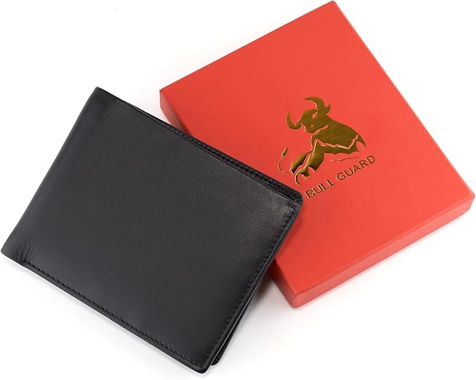 BULL GUARD Mens RFID Blocking Bifold Wallet Smooth Soft Nappa Top Grain Leather, Secure and Durable Extra Capacity Billfold with 11 Credit Card Slots, Tight Stitching, Quick Thumb Push Access, No Logo