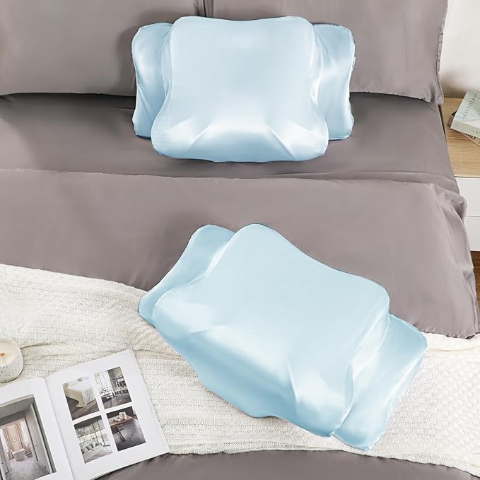 Satin Pillowcase for Cervical Pillows, (Cover Only) Fit for 24.8"x14.96"x5.51"/3.54" Orthopedic Neck Support Pillow, Silky Smooth Pillowcase Cover with Zipper Closure (Light Blue)