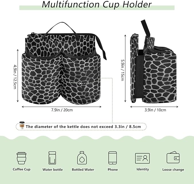 Silvery Leopard Print Black Luggage Cup Holder Travel Portable Free Hand Drink Carrier Suitcase Drinks Beverage Holder Carry-On Bottle Mug Holder Organizer Bag Travelers Accessories