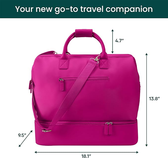 NOBL Travel Weekender Bag for Women & Men, Large Duffel Carry-On Tote with Trolley Sleeve, Separate Shoe Compartment & Laptop Pocket, Leather Overnight Bag for Airplane, Gym, Road Trips - Hot Pink
