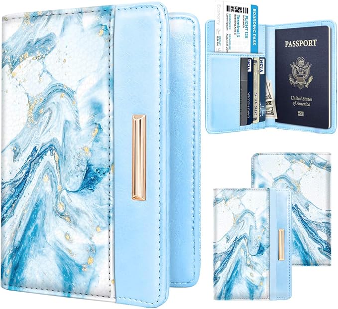 Passport Holder Cover,Traveling Passport Case Cute Passport Wallet for Women,Blue Marble