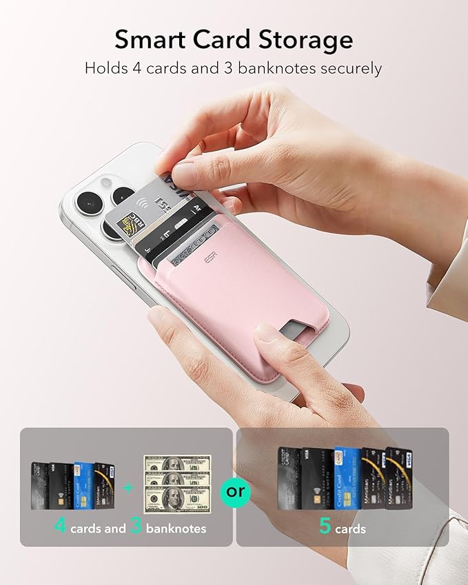 ESR for MagSafe Wallet, 5 Card Holder with RFID Blocking, MagSafe Sticker Included, Slim Magnetic Wallet for iPhone 17e/17/16/15/14/13/12 Series and Selected Samsung Devices, Not for 13/12 Mini, Pink
