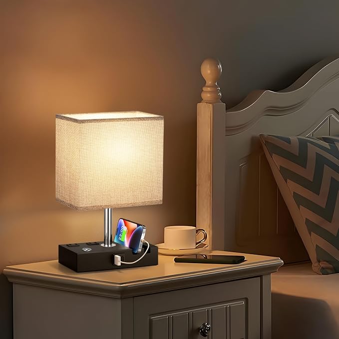 Touch Bedside Table Lamp for Bedroom, 3-Way Dimmable, USB C+A, 2 AC Outlets | Base Touch Button Only, USB C+A Ports, 2 Phone Stands, LED Bulbs Included, Rectangle Grey Lampshade, for Living Room, Desk