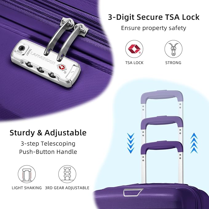 LARVENDER Luggage Sets 3 Piece, Hardside PP Carry On Suitcase with 360° Spinner Wheels TSA Lock Luggage Sets for Women, Grape Purple