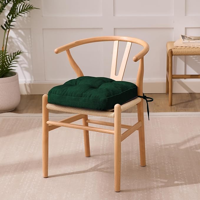 Chair Cushions for Dining Chairs, Dining Chair Cushions, Tufted Indoor Chair Pads with Ties & Non Slip Backing, Seat Cushions for Kitchen Chairs 16.5” x 16.5” x 3.5”, Set of 6, Green