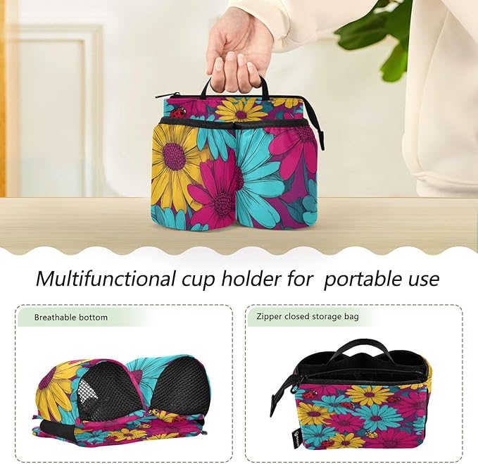 Luggage Cup Holder for Suitcases Free Hands Travel Cup Holder Portable Suitcase Cup Drink Holder Luggage Cup Caddy Bag Carrier Dark Cosmos Ladybug Vibrant Bold