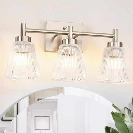 OCIOC Nickel Bathroom Vanity Light 3-Light Bathroom Light Fixtures Over Mirror Vanity Lighting Fixtures with Striped Glass Shade,17inch Modern Vanity Lights for Bathroom Wall Sconce Lights for Bedroom