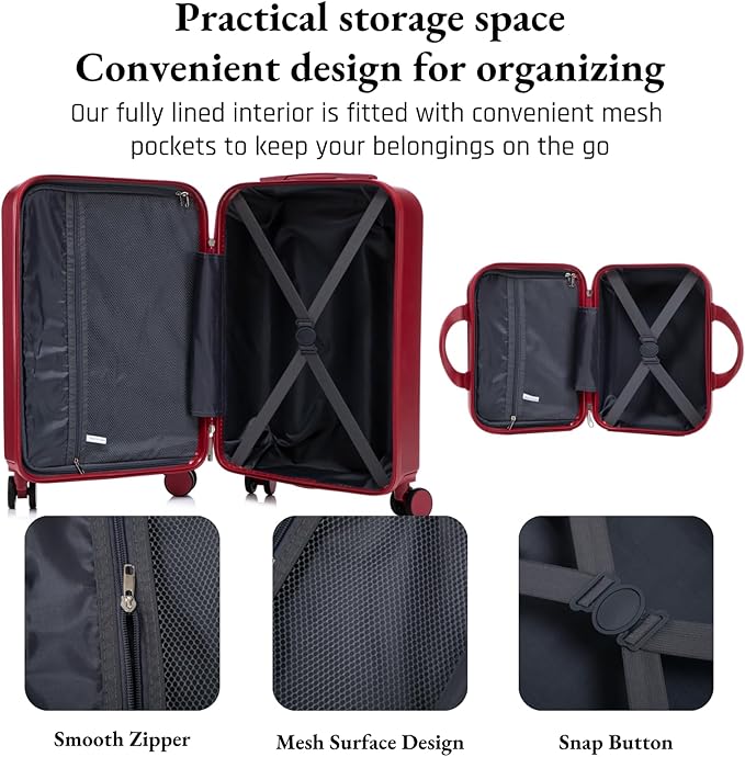 2-Piece ABS Hard Shell Lightweight Carry-On Luggage Set (14" & 20"), 360-Degree Spinner Wheels, Adjustable Telescopic Handle and Combination Lock for Travel, Wine Red